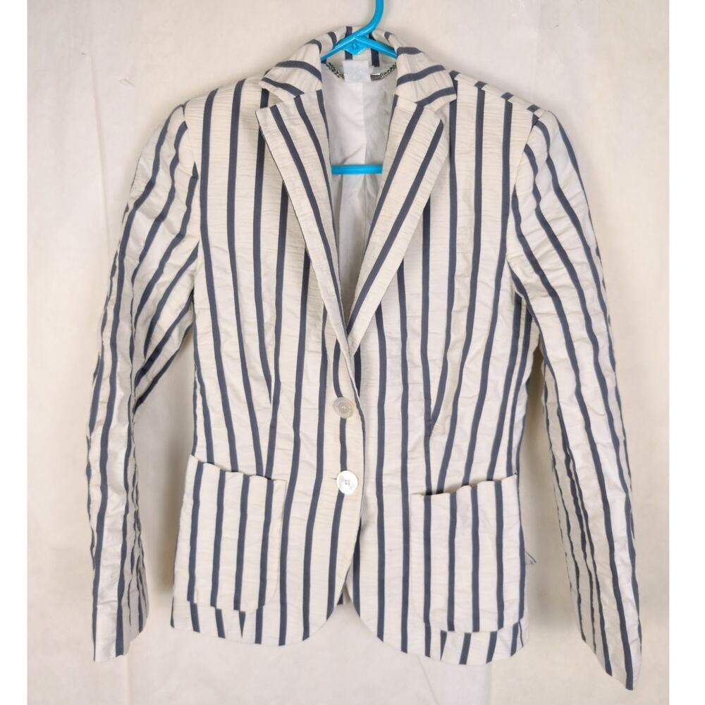 Les Copains white and navy blue striped seersucker blazer jacket Size 40 Preppy